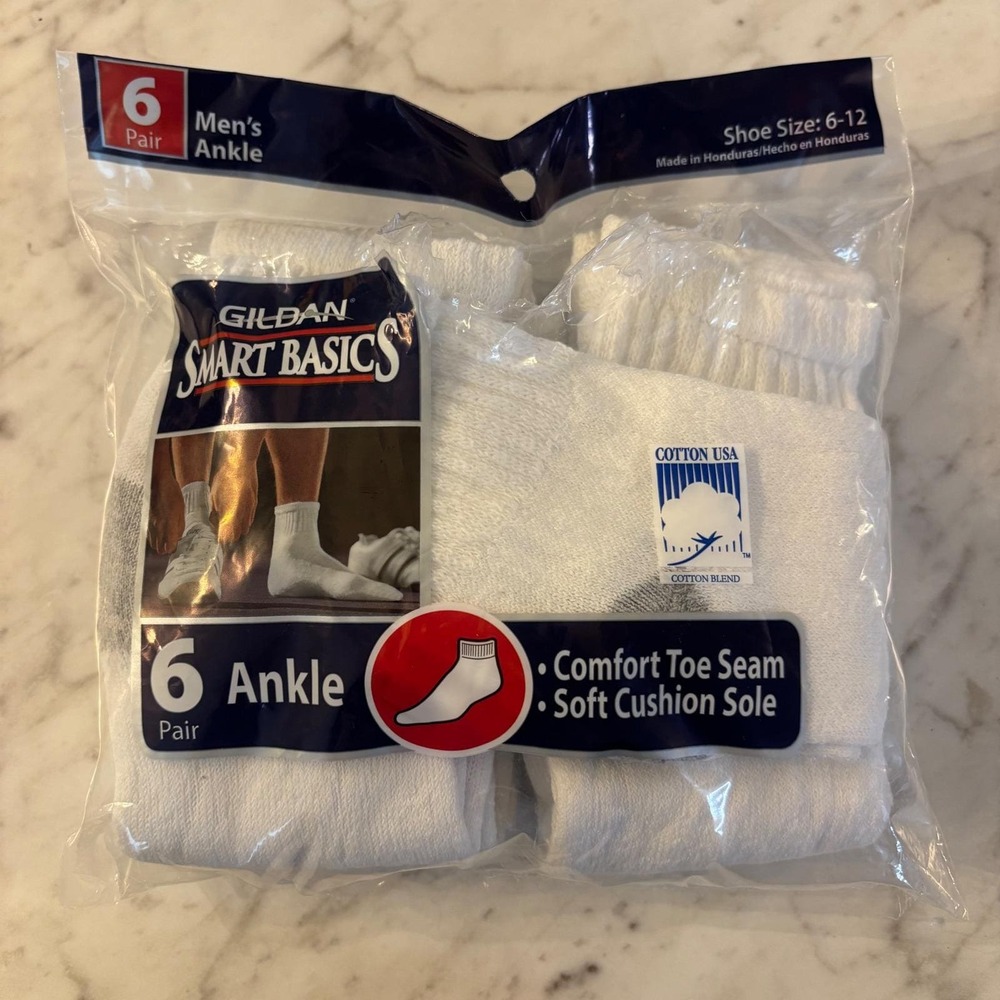 Vintage Gildan SmartBasics Mens Ankle Socks White 6 Pair Pack Shoe Size 6-12 NIP